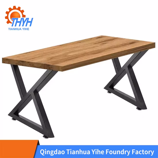 Estrutura resistente industrial forjada preta com revestimento em pó em forma de x, banco de ferro fundido lateral, mesa de café, pernas de metal